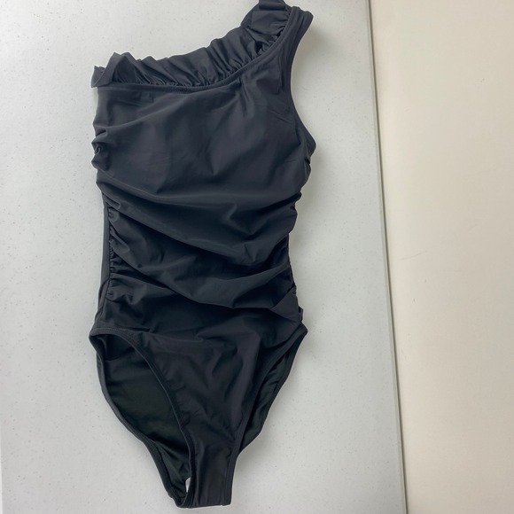 J. Crew Matte Ruffle One Shoulder One Piece Swimsuit Black Womens Size 6 NWT - Picture 2 of 7
